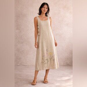 Vintage Talbots Petites Linen Blend Embroidered Boho Midi Dress Beige Size S